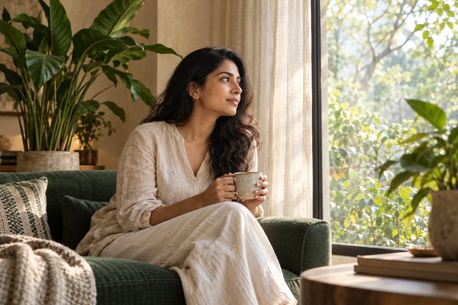 Illustrative lifestyle photograph of a woman taking a quiet moment by a sunlit window